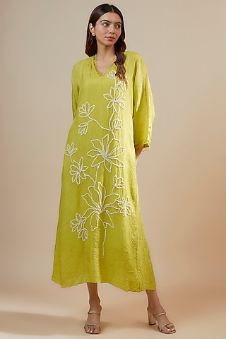 Citrine Yellow Viscose Silk Sequins & Bead Embroidered Kurta by One not two