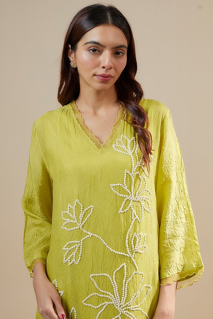 Citrine Yellow Viscose Silk Sequins & Bead Embroidered Kurta by One not two at Pernia's Pop Up Shop