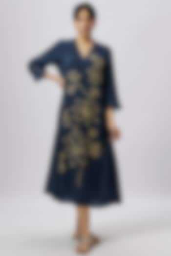Navy Blue Viscose Silk Sequins & Beads Embroidered Kurta by One not two
