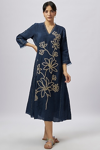 Navy Blue Viscose Silk Sequins & Beads Embroidered Kurta by One not two