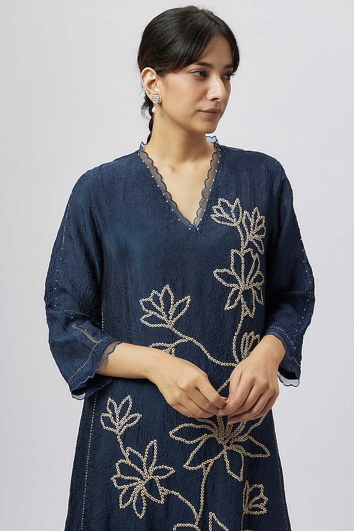 Navy Blue Viscose Silk Sequins & Beads Embroidered Kurta by One not two at Pernia's Pop Up Shop