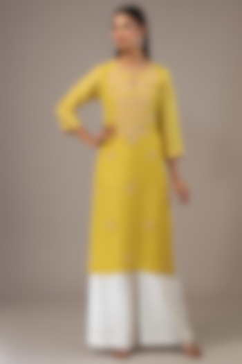Mango Yellow Viscose Silk Bead Embroidered Kurta by One not two at Pernia's Pop Up Shop