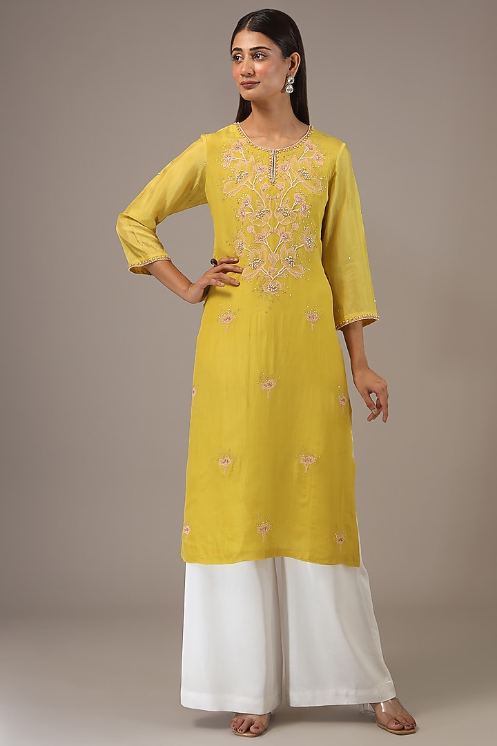 Mango Yellow Viscose Silk Bead Embroidered Kurta by One not two at Pernia's Pop Up Shop