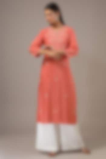 Scarlet Orange Viscose Silk Bead Embroidered Kurta by One not two at Pernia's Pop Up Shop
