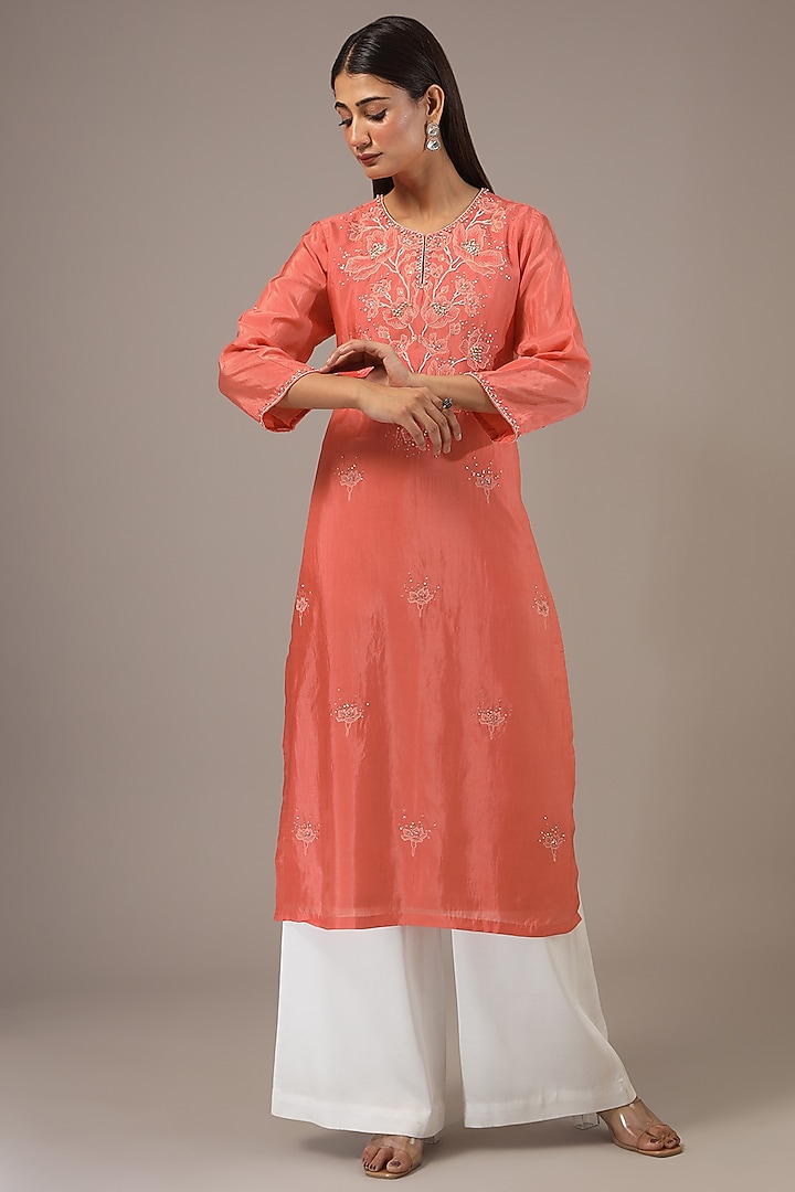 Scarlet Orange Viscose Silk Bead Embroidered Kurta by One not two at Pernia's Pop Up Shop