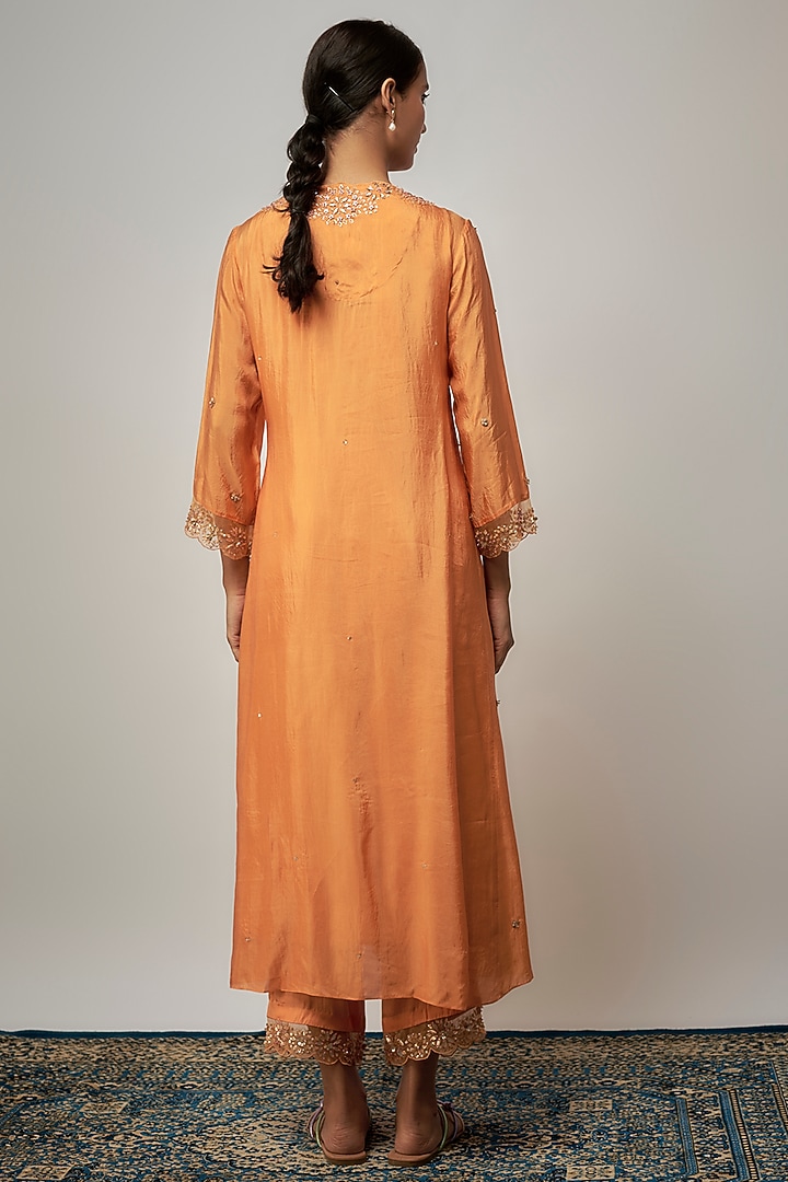 Apricot-Colored Viscose Silk Hand Embroidered Kurta Set by One not two at Pernia's Pop Up Shop