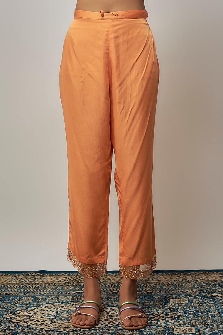 Apricot-Colored Viscose Silk Hand Embroidered Kurta Set by One not two at Pernia's Pop Up Shop