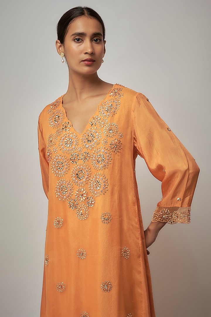 Apricot-Colored Viscose Silk Hand Embroidered Kurta Set by One not two at Pernia's Pop Up Shop
