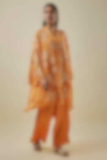Apricot-Colored Viscose Silk & Silk Organza Embroidered Tunic Set by One not two at Pernia's Pop Up Shop