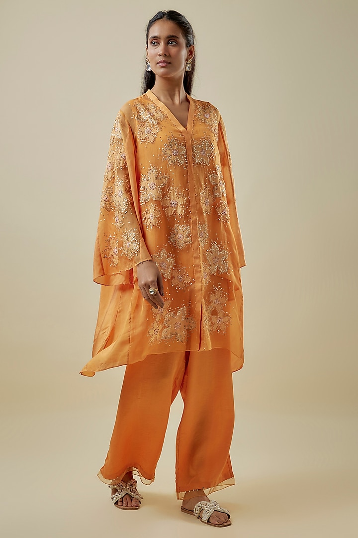 Apricot-Colored Viscose Silk & Silk Organza Embroidered Tunic Set by One not two at Pernia's Pop Up Shop