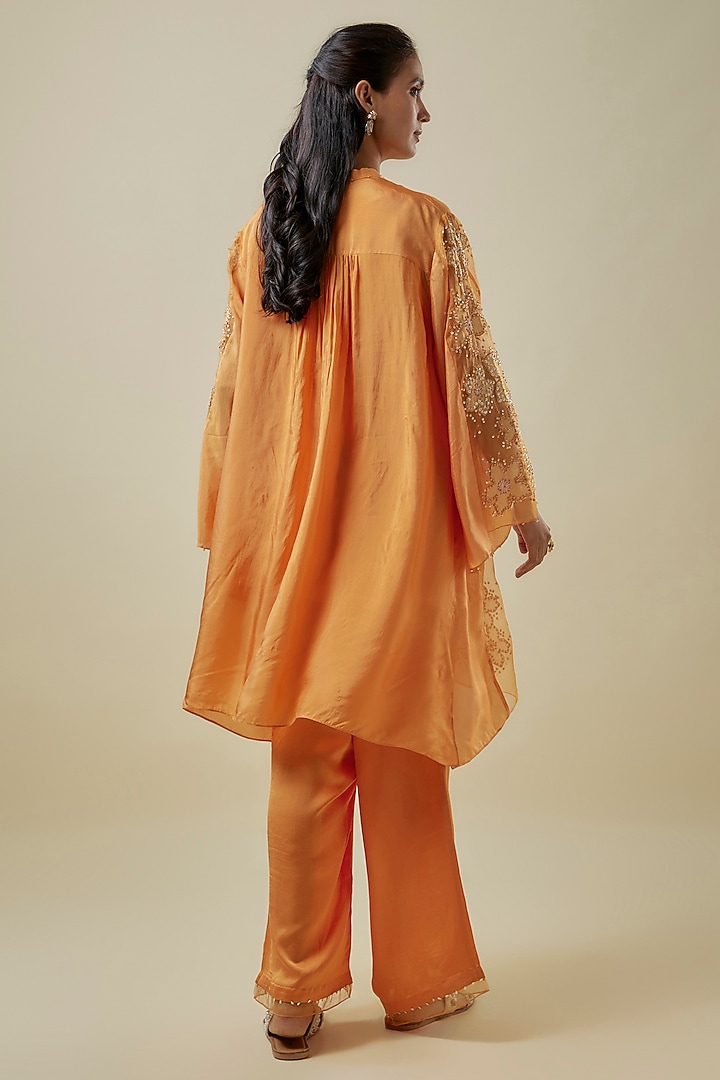 Apricot-Colored Viscose Silk & Silk Organza Embroidered Tunic Set by One not two at Pernia's Pop Up Shop