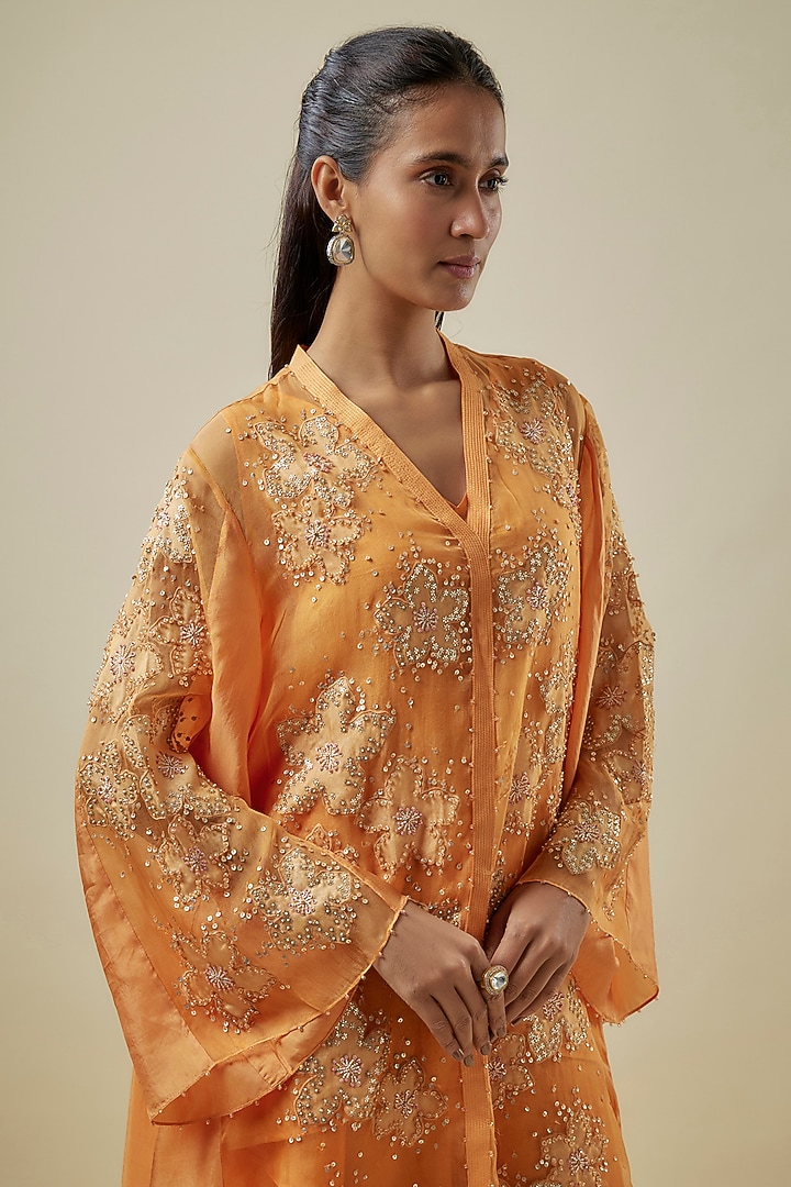 Apricot-Colored Viscose Silk & Silk Organza Embroidered Tunic Set by One not two at Pernia's Pop Up Shop