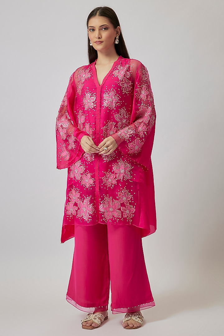 Hot Pink Viscose Silk & Silk Organza Embroidered Tunic Set by One not two at Pernia's Pop Up Shop