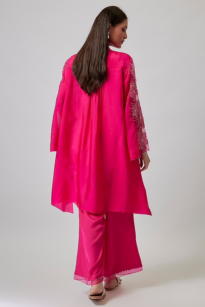 Hot Pink Viscose Silk & Silk Organza Embroidered Tunic Set by One not two at Pernia's Pop Up Shop