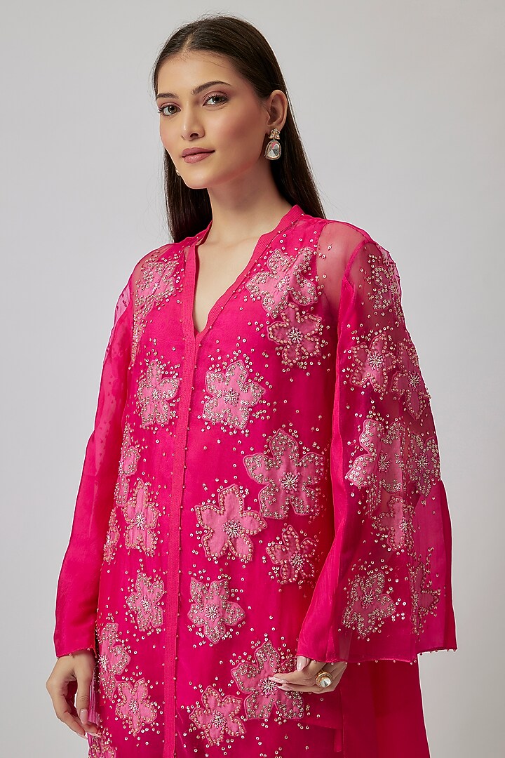 Hot Pink Viscose Silk & Silk Organza Embroidered Tunic Set by One not two at Pernia's Pop Up Shop