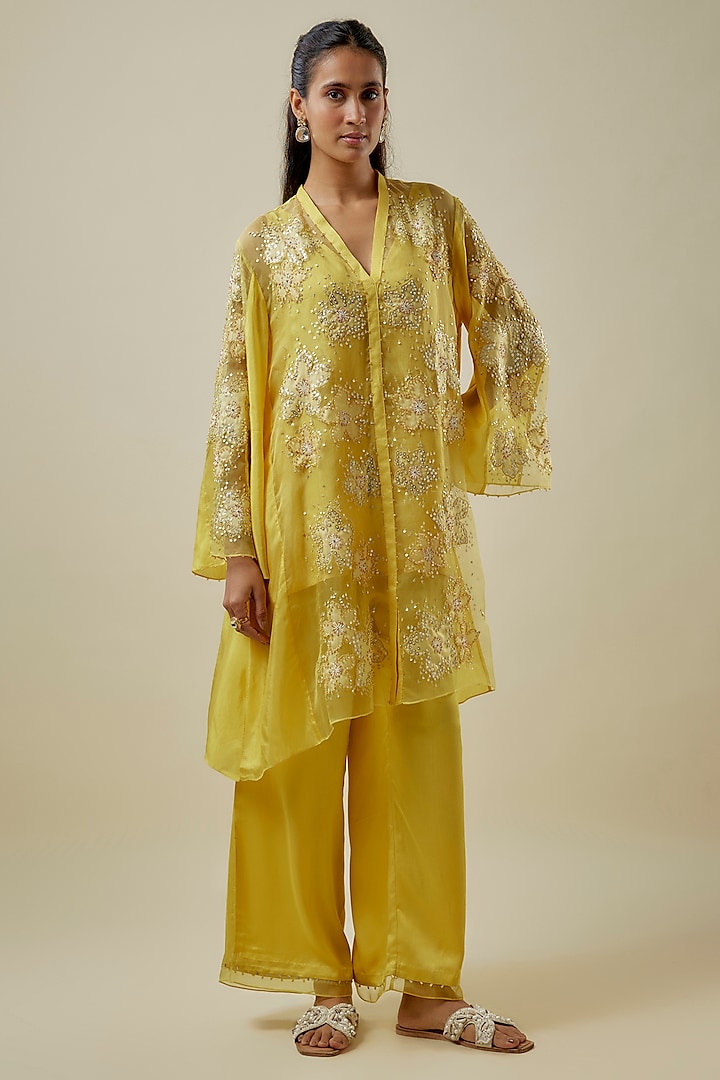 Mango-Colored Viscose Silk & Silk Organza Embroidered Tunic Set by One not two at Pernia's Pop Up Shop