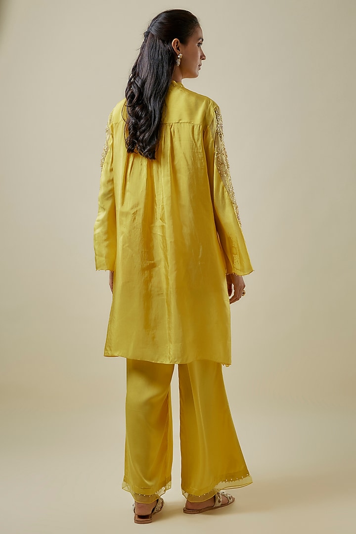 Mango-Colored Viscose Silk & Silk Organza Embroidered Tunic Set by One not two at Pernia's Pop Up Shop