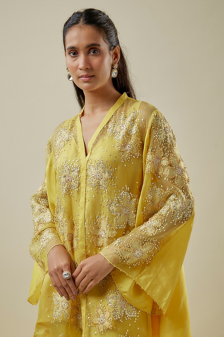 Mango-Colored Viscose Silk & Silk Organza Embroidered Tunic Set by One not two at Pernia's Pop Up Shop