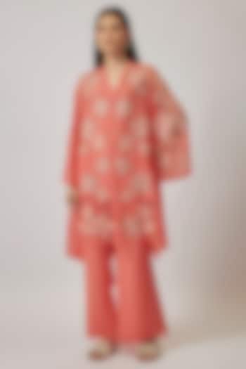 Coral Viscose Silk & Silk Organza Embroidered Tunic Set by One not two at Pernia's Pop Up Shop