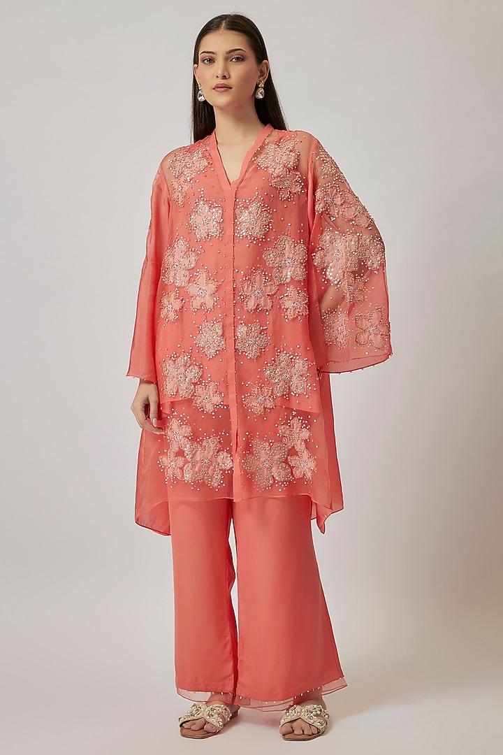 Coral Viscose Silk & Silk Organza Embroidered Tunic Set by One not two at Pernia's Pop Up Shop