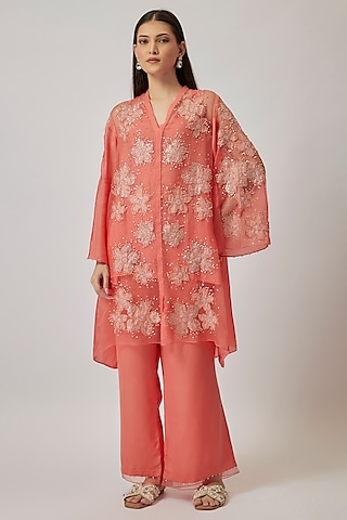 Coral Viscose Silk & Silk Organza Embroidered Tunic Set by One not two