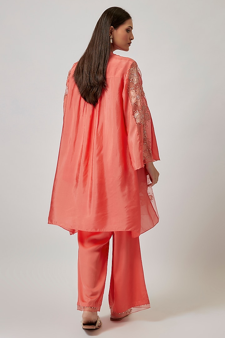 Coral Viscose Silk & Silk Organza Embroidered Tunic Set by One not two at Pernia's Pop Up Shop
