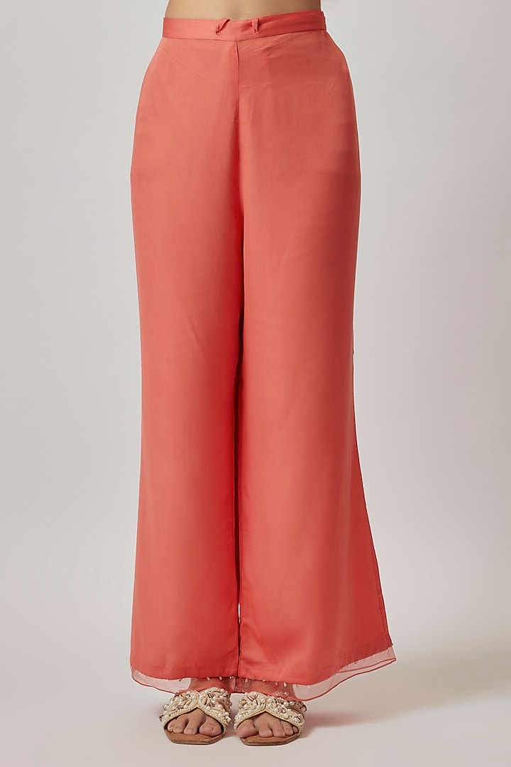 Coral Viscose Silk & Silk Organza Embroidered Tunic Set by One not two at Pernia's Pop Up Shop