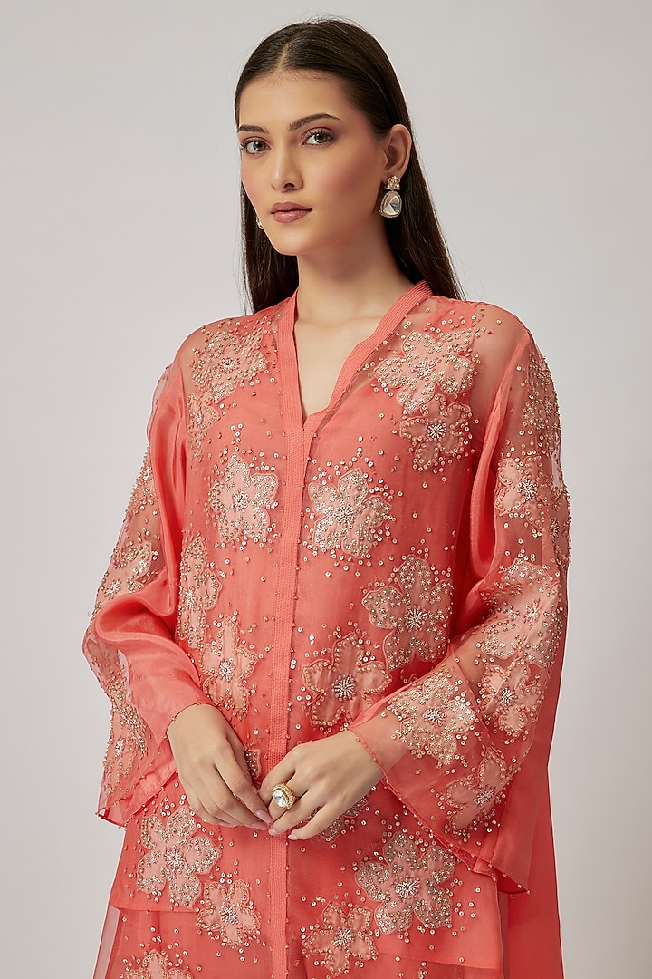 Coral Viscose Silk & Silk Organza Embroidered Tunic Set by One not two at Pernia's Pop Up Shop