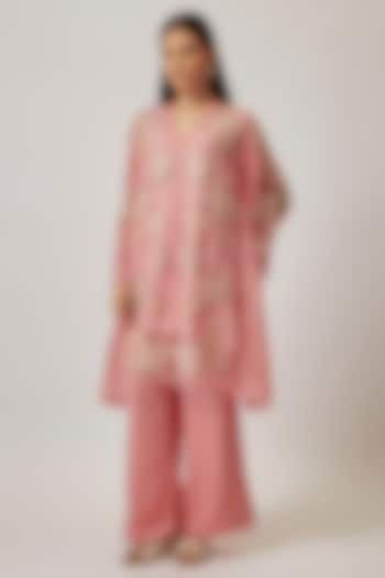 Peach Viscose Silk & Silk Organza Embroidered Tunic Set by One not two at Pernia's Pop Up Shop