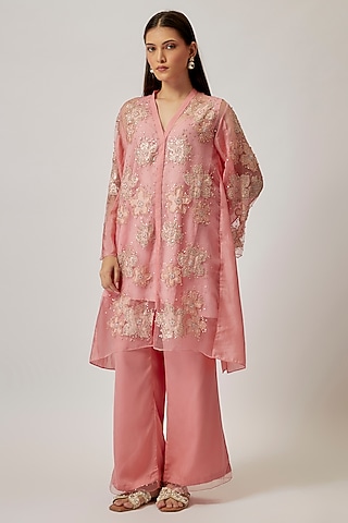 Peach Viscose Silk & Silk Organza Embroidered Tunic Set by One not two