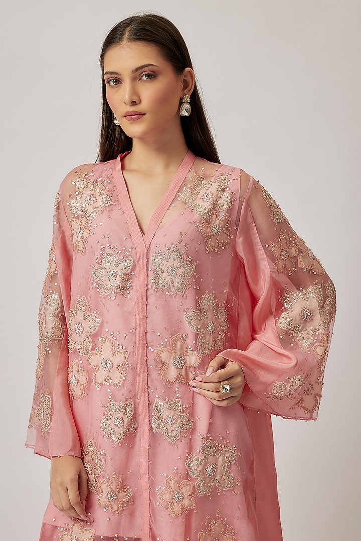 Peach Viscose Silk & Silk Organza Embroidered Tunic Set by One not two at Pernia's Pop Up Shop