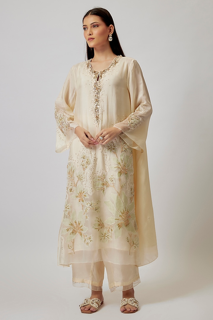 Ecru Viscose Silk & Silk Organza Hand Embroidered Kurta Set by One not two at Pernia's Pop Up Shop