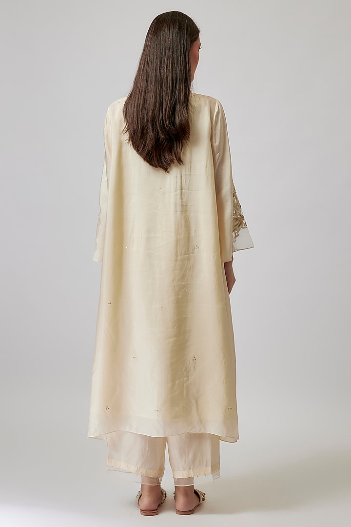 Ecru Viscose Silk & Silk Organza Hand Embroidered Kurta Set by One not two at Pernia's Pop Up Shop