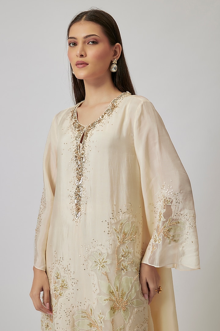 Ecru Viscose Silk & Silk Organza Hand Embroidered Kurta Set by One not two at Pernia's Pop Up Shop