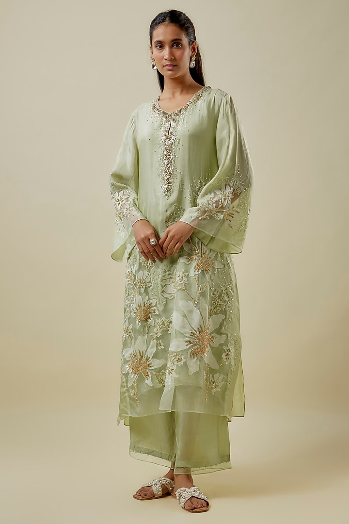 Mist-Colored Viscose Silk & Silk Organza Hand Embroidered Kurta Set by One not two at Pernia's Pop Up Shop