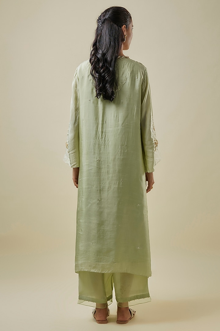 Mist-Colored Viscose Silk & Silk Organza Hand Embroidered Kurta Set by One not two at Pernia's Pop Up Shop
