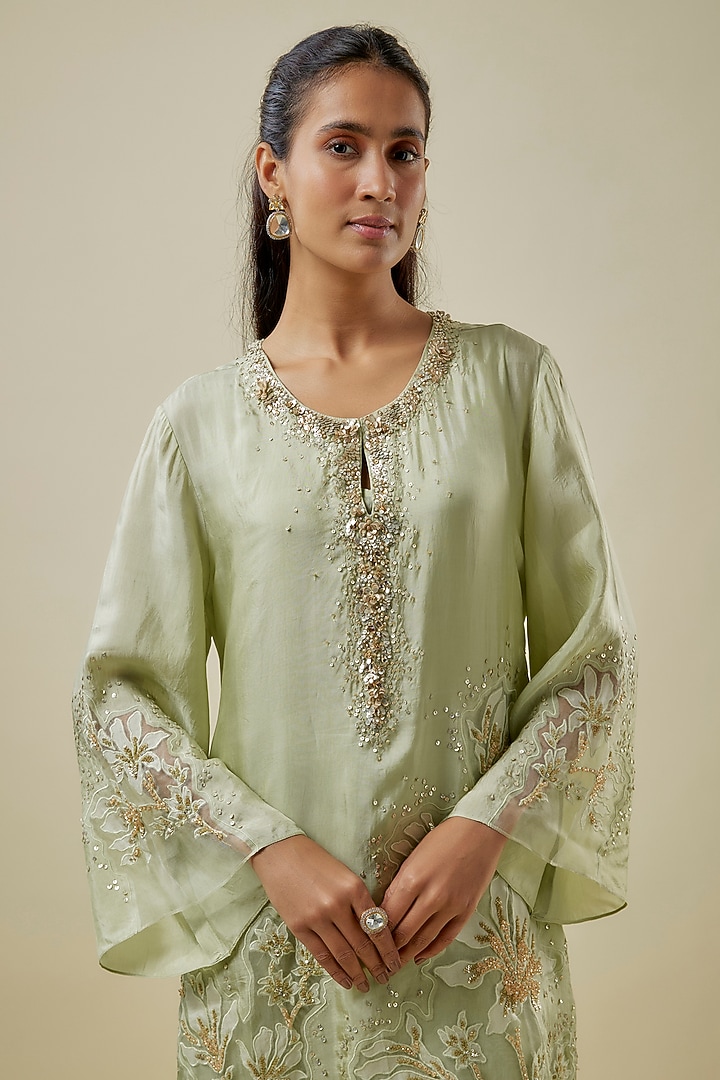 Mist-Colored Viscose Silk & Silk Organza Hand Embroidered Kurta Set by One not two at Pernia's Pop Up Shop