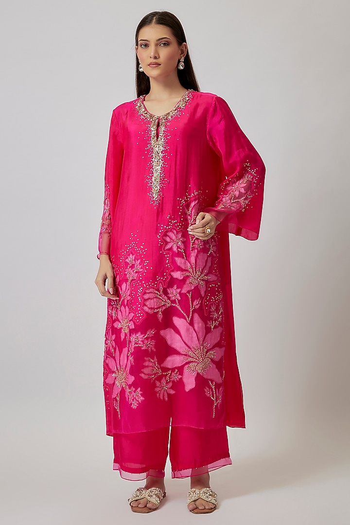 Hot Pink Viscose Silk & Silk Organza Hand Embroidered Kurta Set by One not two at Pernia's Pop Up Shop