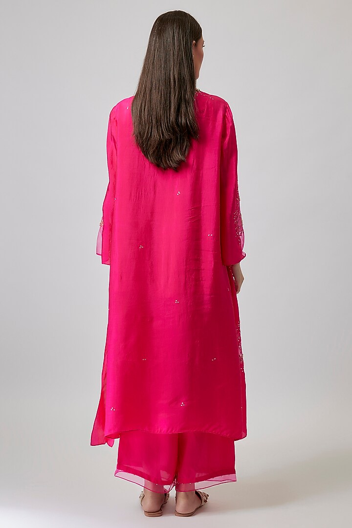 Hot Pink Viscose Silk & Silk Organza Hand Embroidered Kurta Set by One not two at Pernia's Pop Up Shop