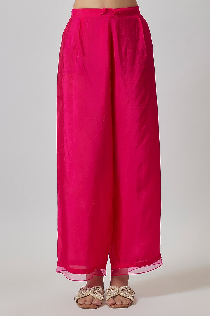 Hot Pink Viscose Silk & Silk Organza Hand Embroidered Kurta Set by One not two at Pernia's Pop Up Shop