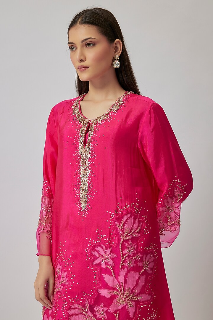 Hot Pink Viscose Silk & Silk Organza Hand Embroidered Kurta Set by One not two at Pernia's Pop Up Shop