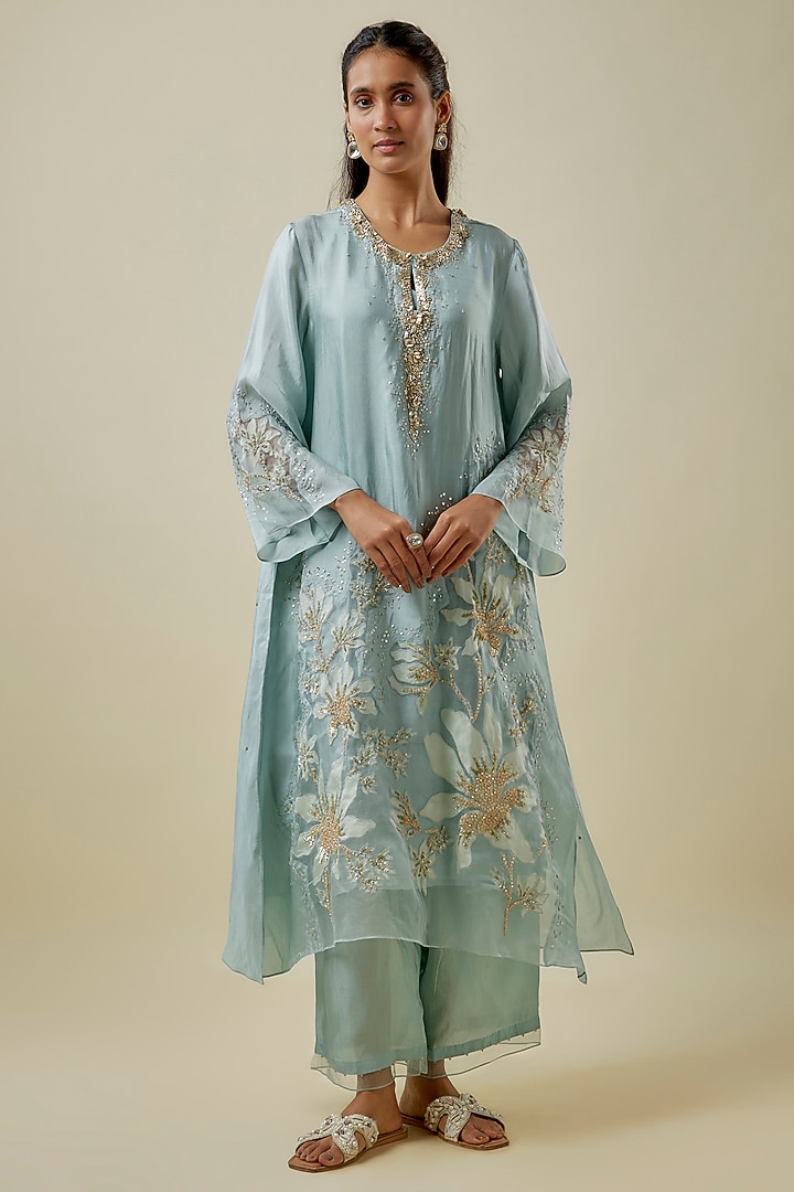 Powder Blue Viscose Silk & Silk Organza Hand Embroidered Kurta Set by One not two at Pernia's Pop Up Shop