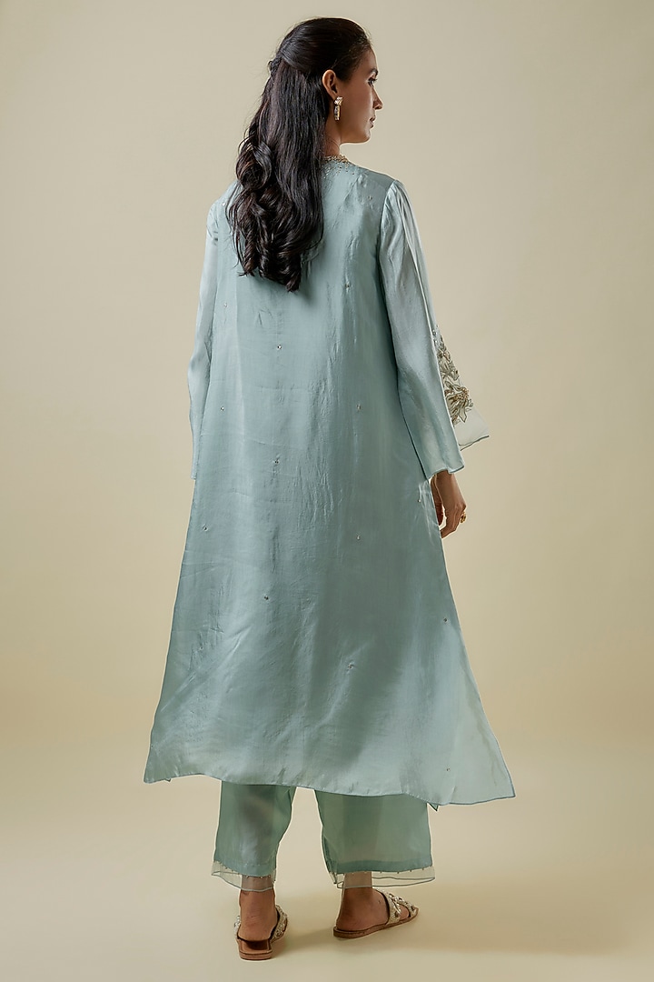Powder Blue Viscose Silk & Silk Organza Hand Embroidered Kurta Set by One not two at Pernia's Pop Up Shop