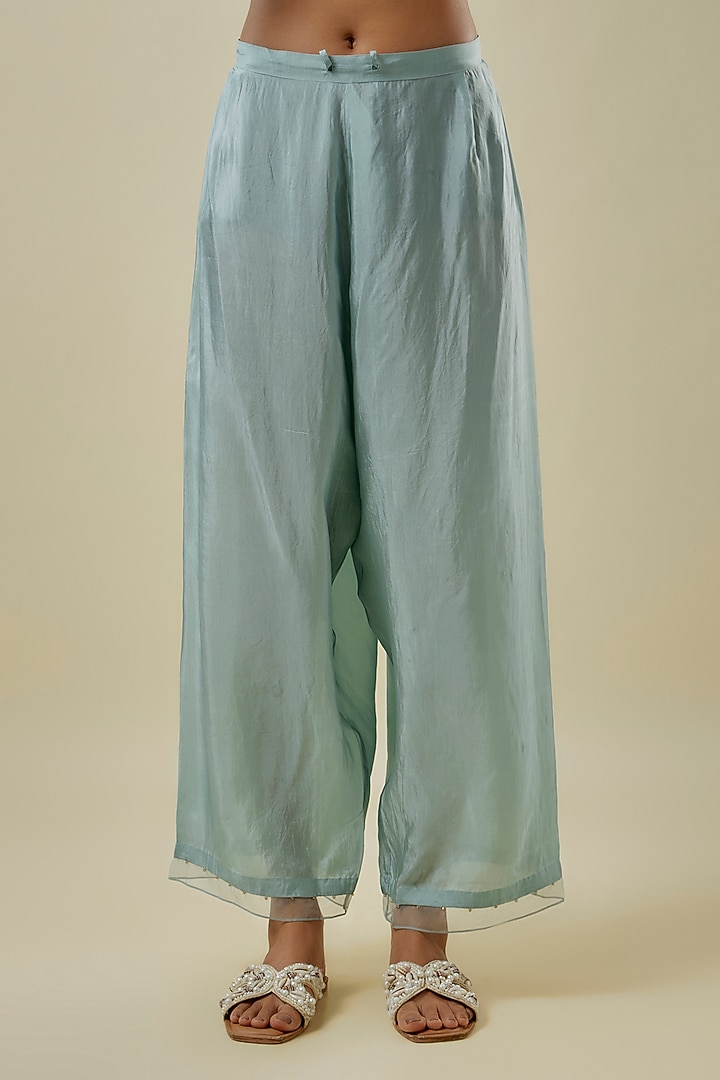 Powder Blue Viscose Silk & Silk Organza Hand Embroidered Kurta Set by One not two at Pernia's Pop Up Shop