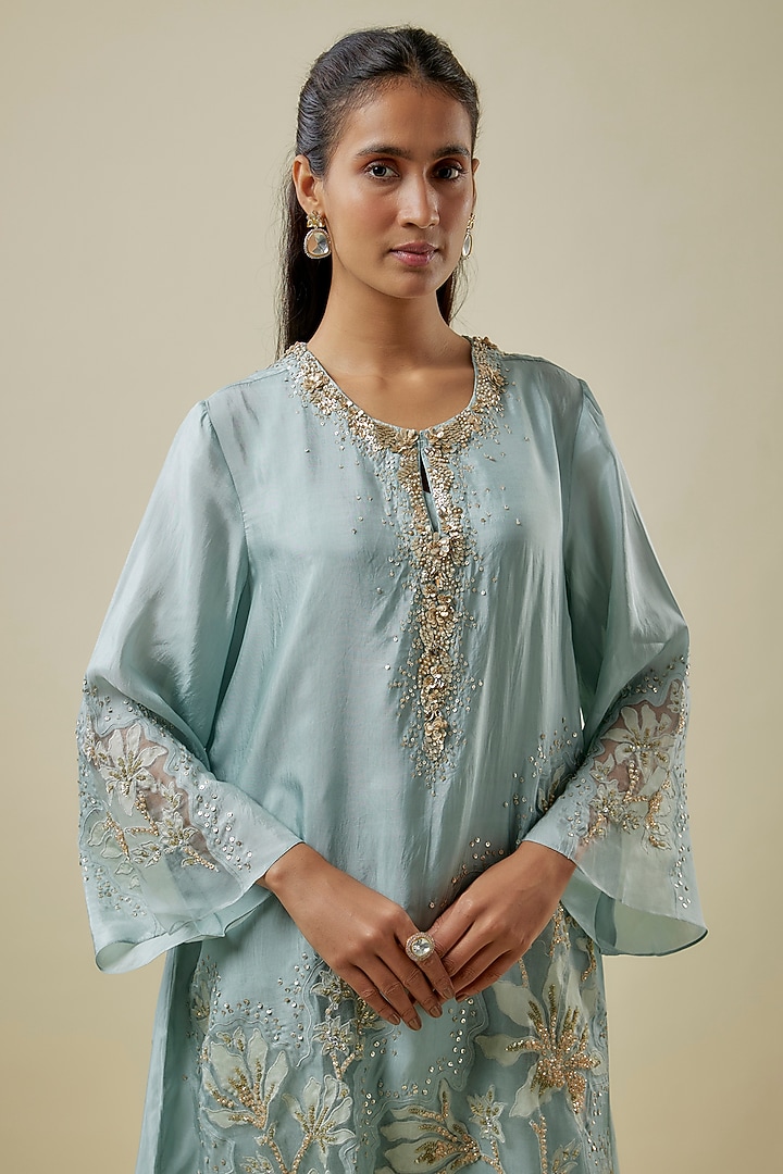 Powder Blue Viscose Silk & Silk Organza Hand Embroidered Kurta Set by One not two at Pernia's Pop Up Shop