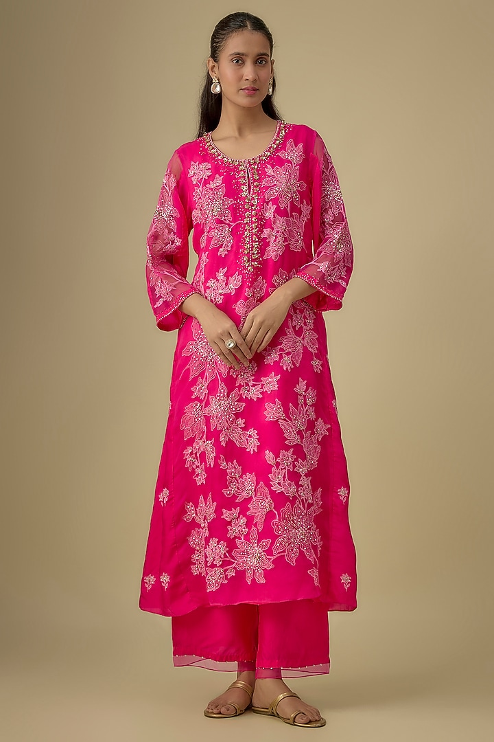 Hot Pink Viscose Silk Sequins & Bead Embroidered Kurta Set by One not two at Pernia's Pop Up Shop
