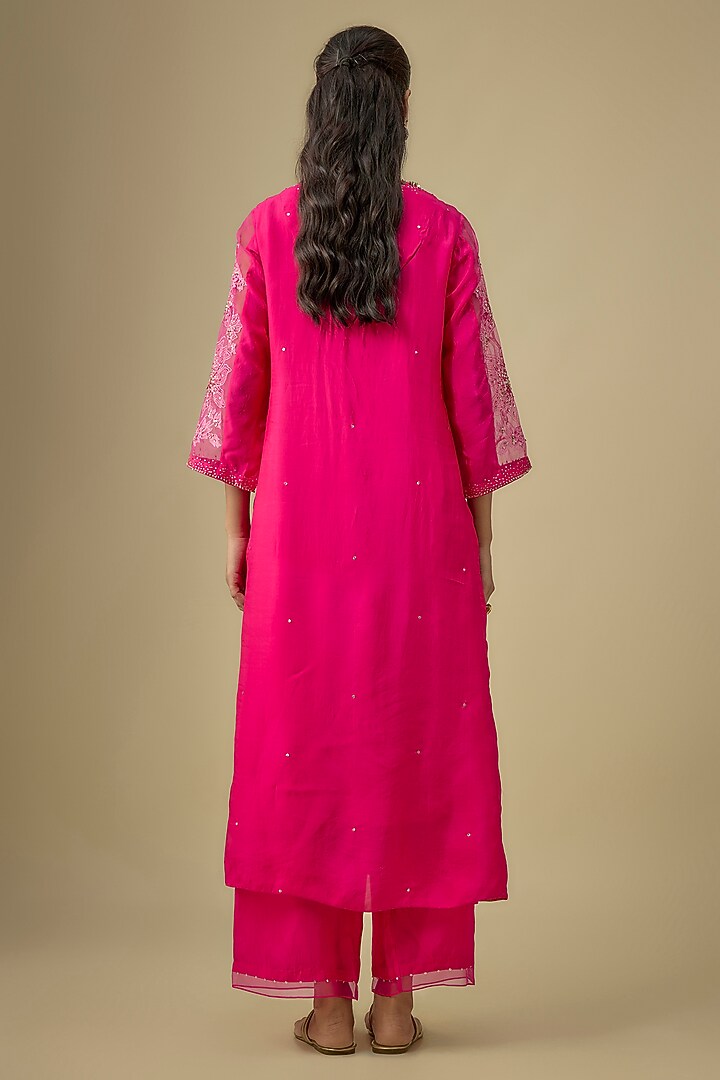 Hot Pink Viscose Silk Sequins & Bead Embroidered Kurta Set by One not two at Pernia's Pop Up Shop