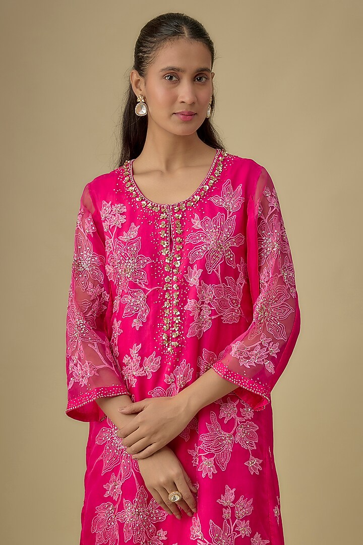 Hot Pink Viscose Silk Sequins & Bead Embroidered Kurta Set by One not two at Pernia's Pop Up Shop