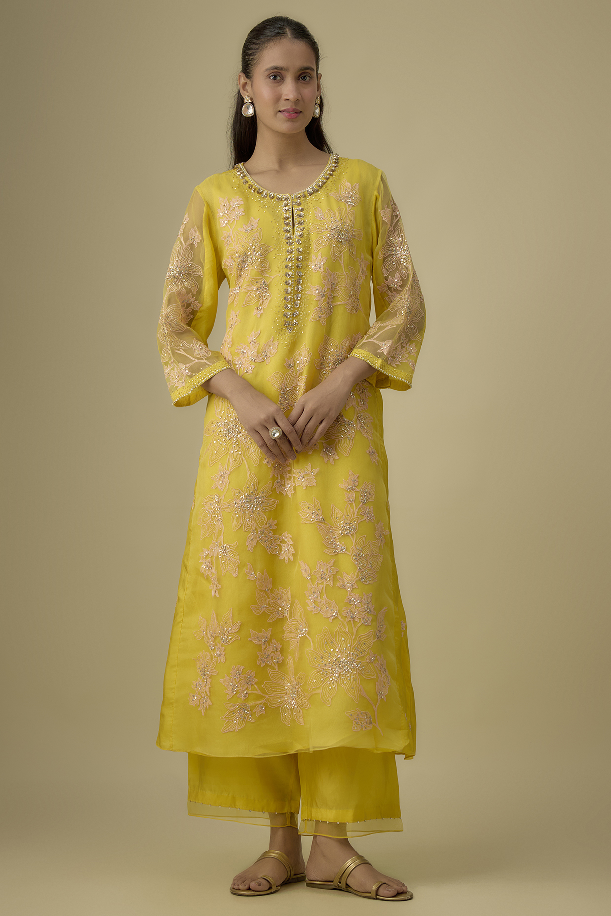 Mango Yellow Viscose Silk Sequins & Bead Embroidered Kurta Set by One not two at Pernia's Pop Up Shop