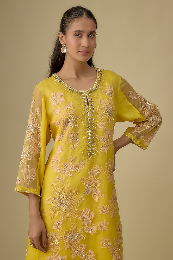 Mango Yellow Viscose Silk Sequins & Bead Embroidered Kurta Set by One not two at Pernia's Pop Up Shop